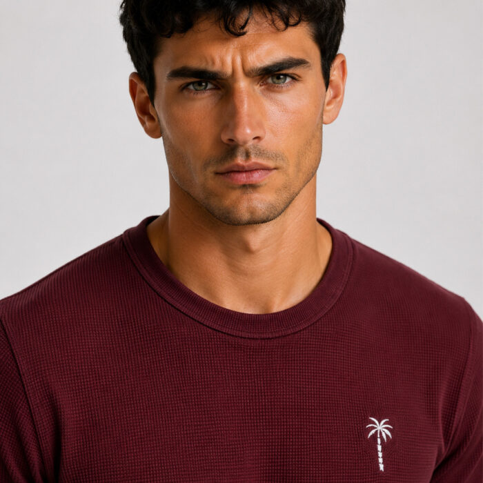Maroon Waffle T Shirt for Men – Premium Crimson Burgundy Tee | Ploceia Coastline - Image 5